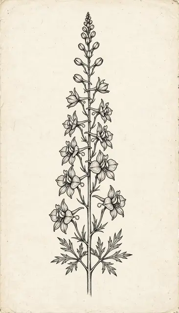 Fine black ink line art of a tall larkspur stem on textured ivory paper