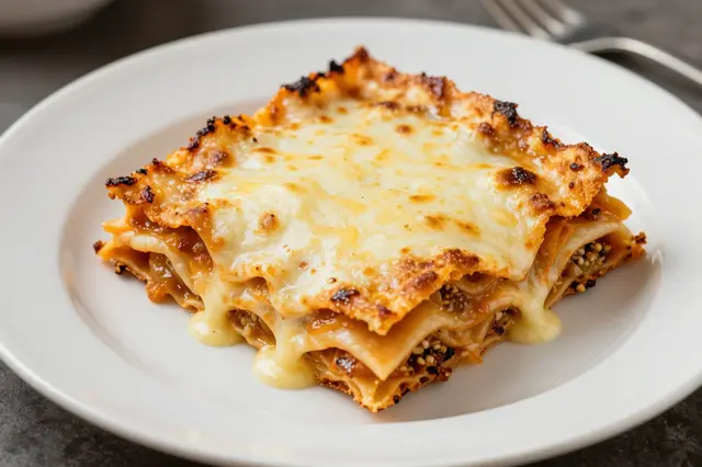 A baked lasagna slice with golden melted cheese rests on a white ceramic plate atop a dark table