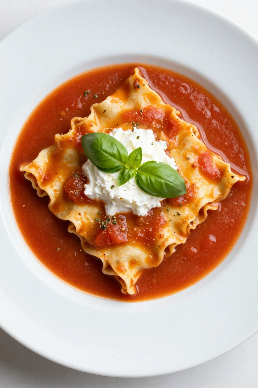 Overhead view of lasagna soup with ruffled pasta, ricotta, and fresh basil in a white bowl.