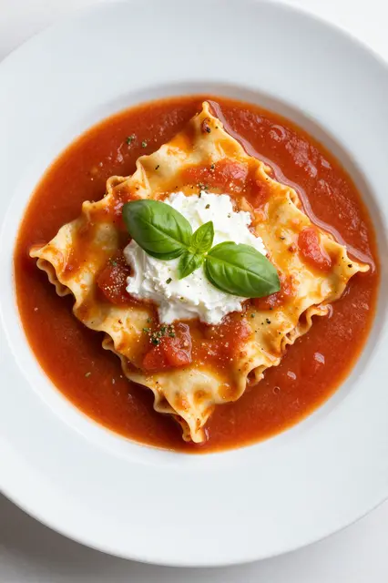 Overhead view of lasagna soup with ruffled pasta, ricotta, and fresh basil in a white bowl.