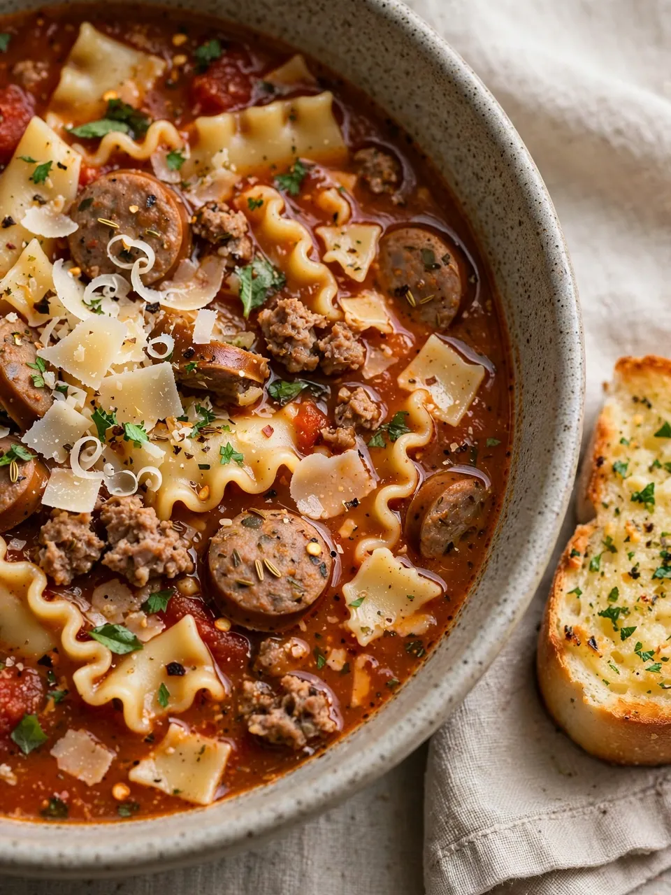 Close-up of lasagna soup in a speckled ceramic bowl with a side of herb garlic bread resting on a linen napkin