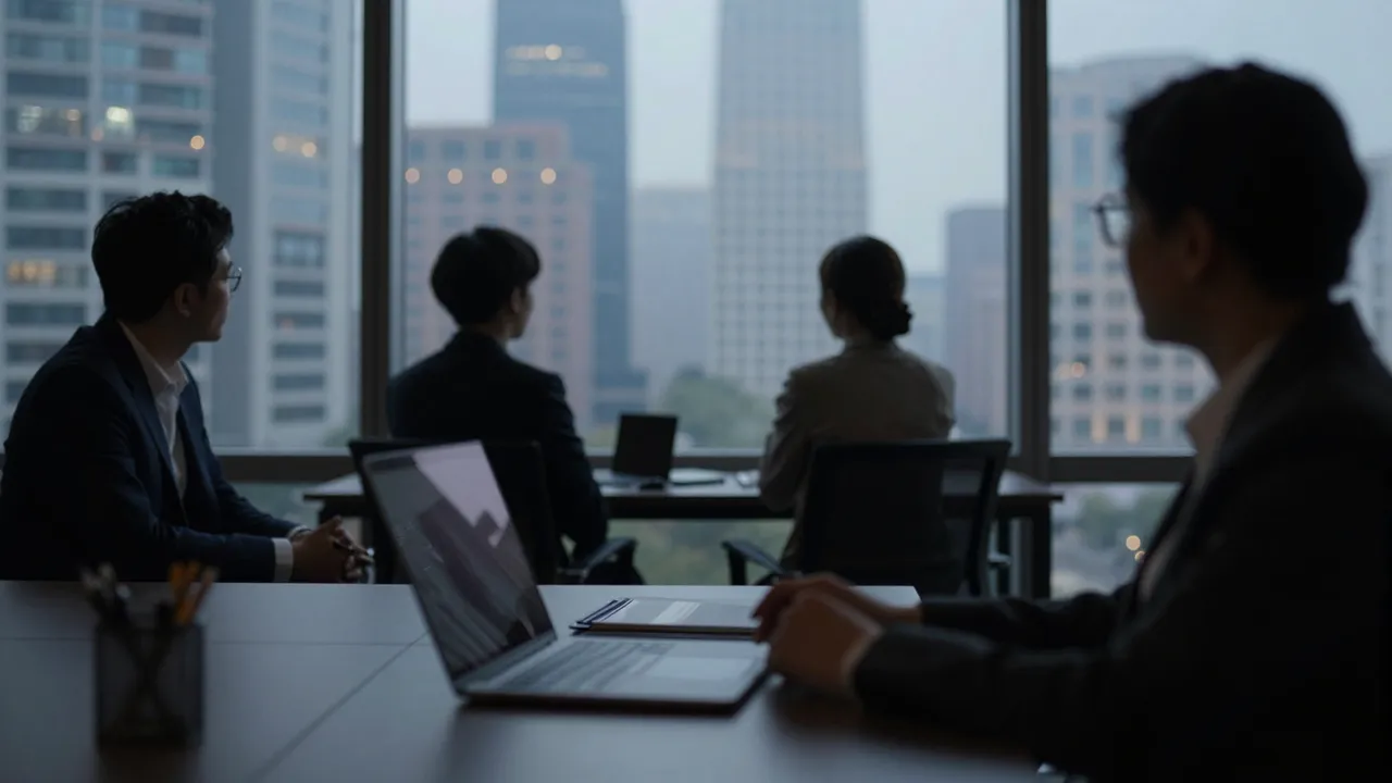 Silhouetted business people sit in a dim high-rise office with city skyscraper lights visible through large windows at dusk