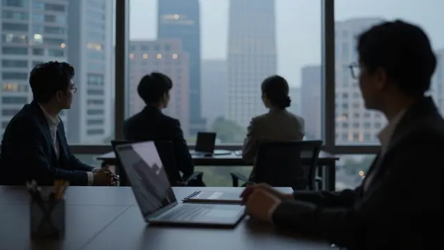 Silhouetted business people sit in a dim high-rise office with city skyscraper lights visible through large windows at dusk