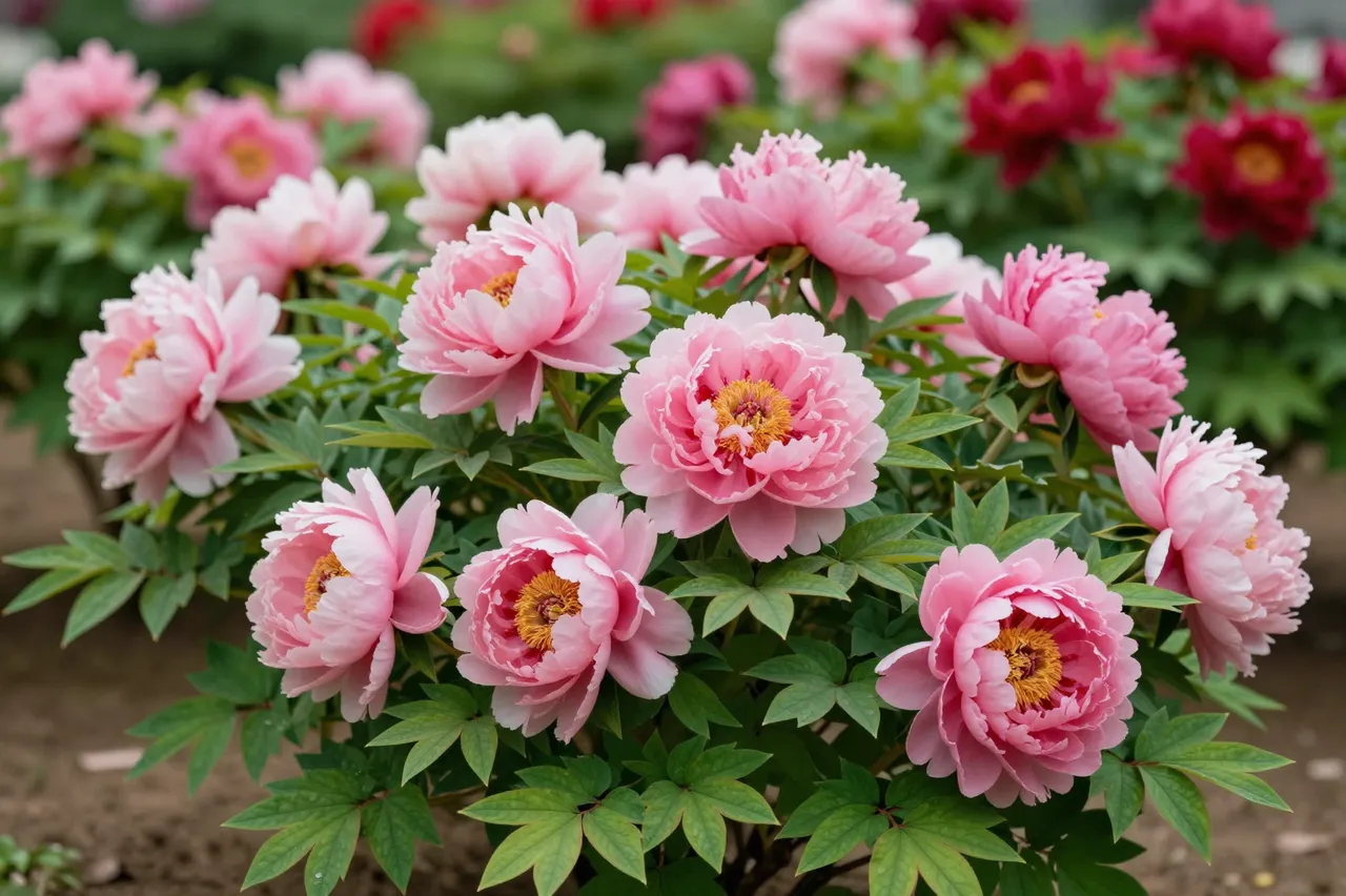 Dense pink peony blooms fill the foreground with red peonies and green foliage in a soft focus background garden bed.