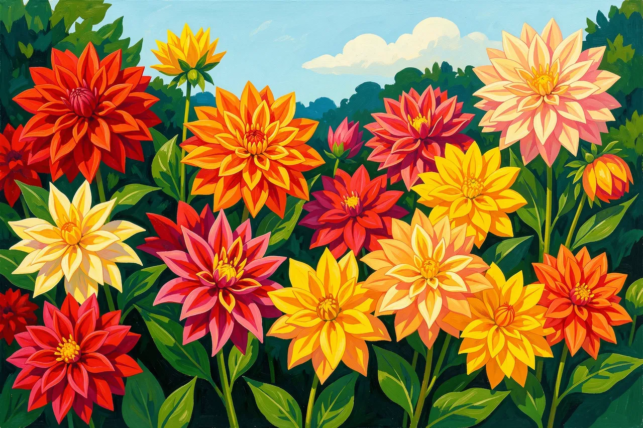 Bold flat gouache illustration of a vibrant dahlia garden under a light blue cloudy sky