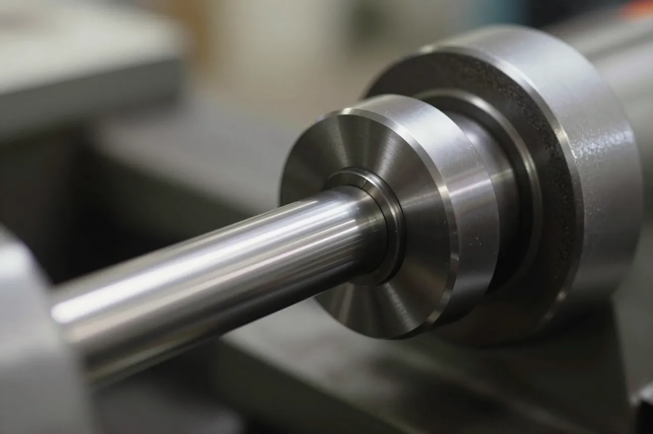 Close-up view of a shiny machined steel rod held in a metal lathe with a blurred workshop background