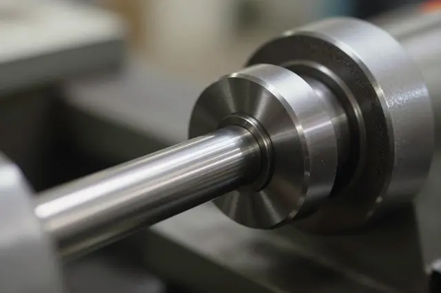 Close-up view of a shiny machined steel rod held in a metal lathe with a blurred workshop background