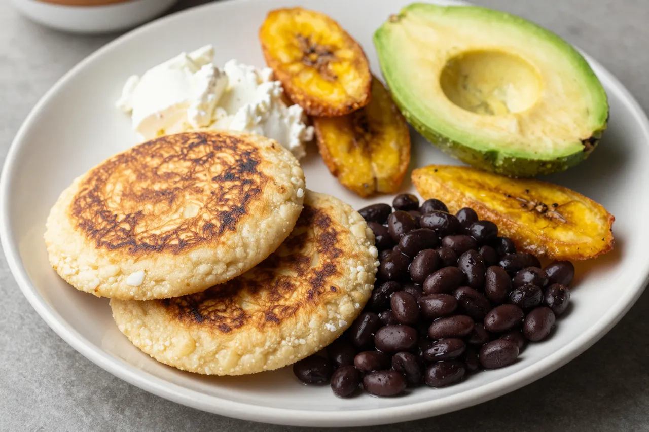 A flat lay of a breakfast plate holding arepas, black beans, fried plantains, avocado and fresh cheese.