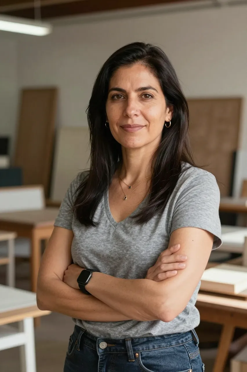 A woman in her forties stands with crossed arms in a sunlit furniture workshop looking at the camera