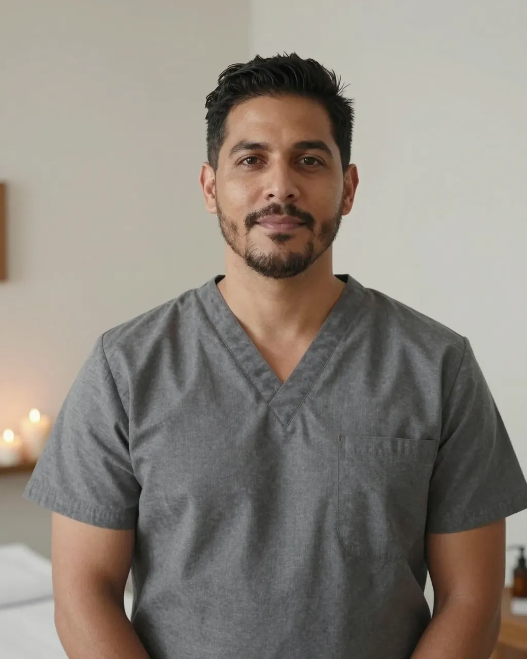 Portrait of a calm male massage therapist in gray scrubs standing in a softly lit treatment room