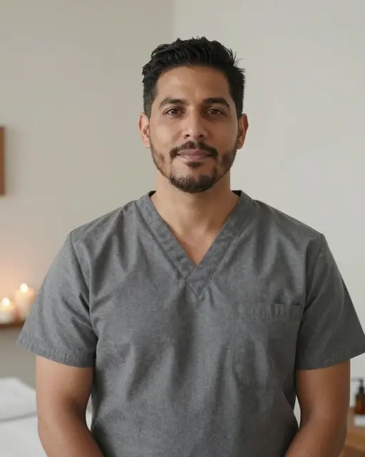 Portrait of a calm male massage therapist in gray scrubs standing in a softly lit treatment room