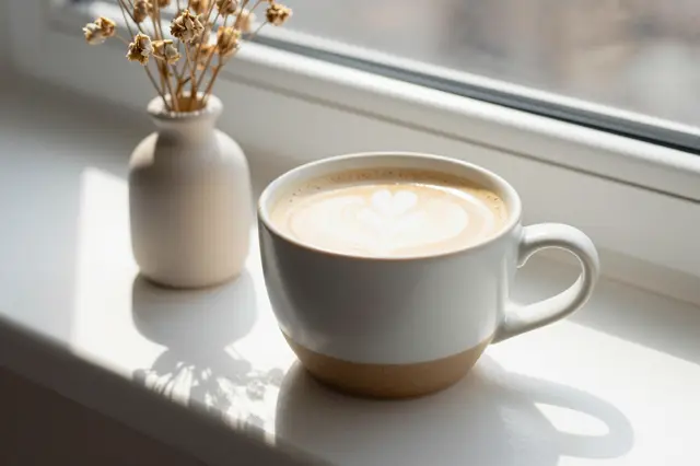 A latte with heart latte art sits next to a small vase of dried flowers on a sunlit windowsill