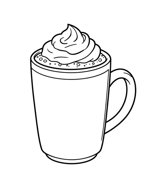 Simple black and white line art of a tall mug of latte topped with swirled whipped cream on a plain white background