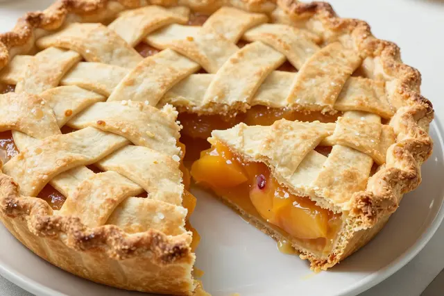 Close-up of a peach pie with a woven lattice crust and one slice partially removed to show juicy filling