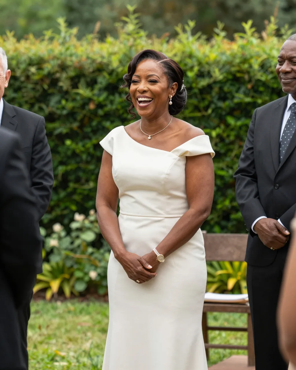 A Black woman in a white ivory dress laughs while standing in a sunny garden with formally dressed guests nearby.