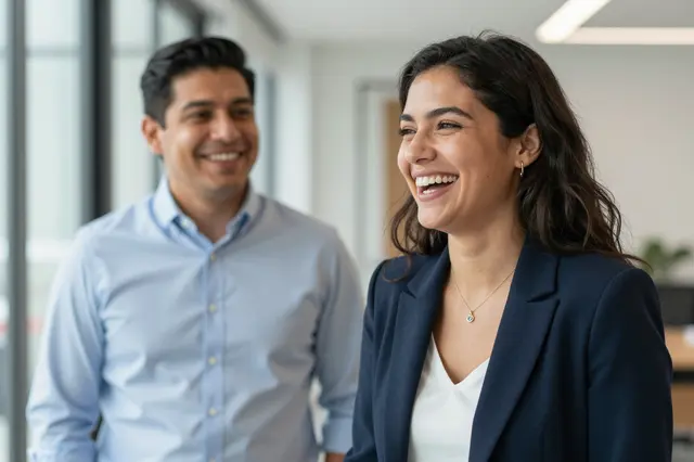 Two smiling coworkers stand together in a bright modern office corridor laughing
