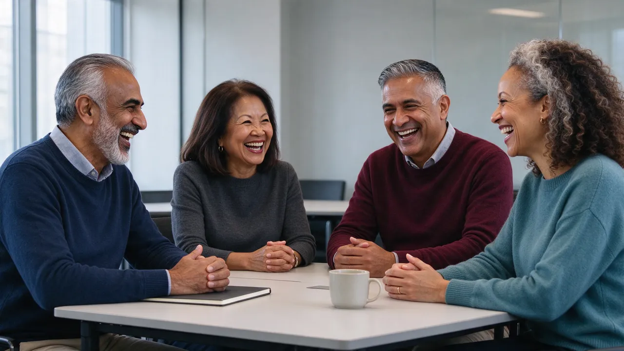 Four diverse middle aged colleagues laugh together seated around a meeting room table