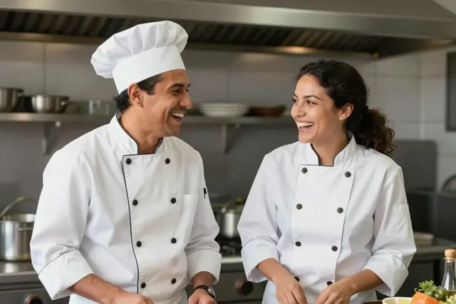 Two smiling cooks in chef uniforms laugh while facing each other in a professional kitchen