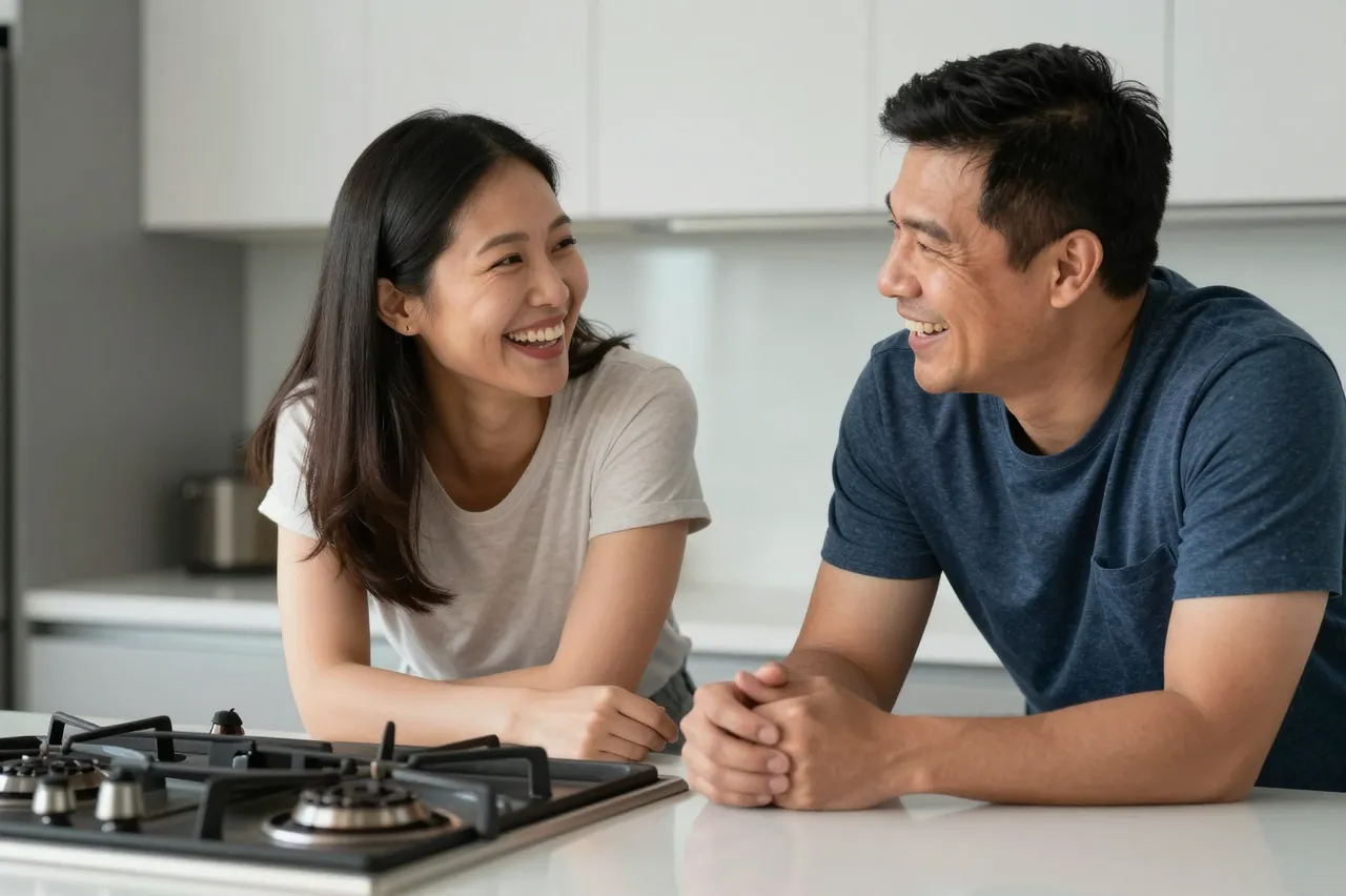 A middle aged couple laugh and face each other while leaning on a kitchen counter next to a gas stove