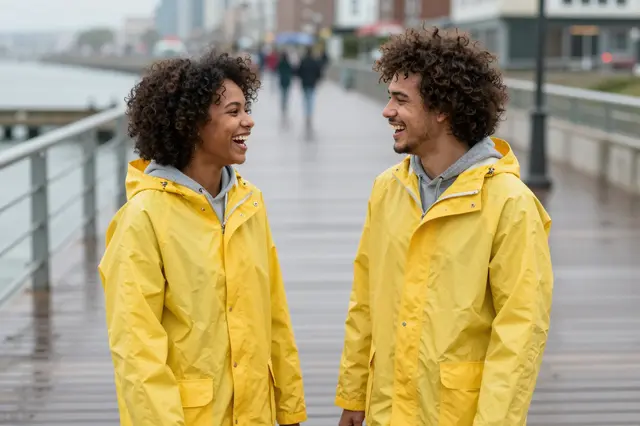 A Black woman and Latino man laugh together on a rainy waterfront boardwalk