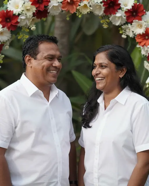 Two smiling adults in white shirts stand facing each other under a decorated floral arch outdoors