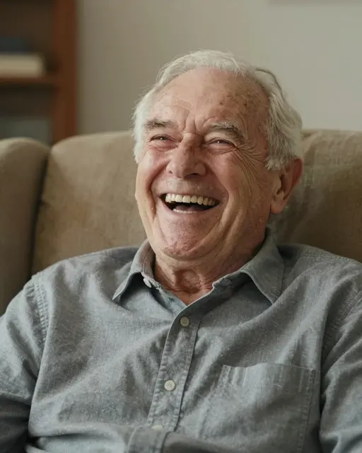 A senior white man in his eighties laughs heartily while seated in a beige upholstered armchair.