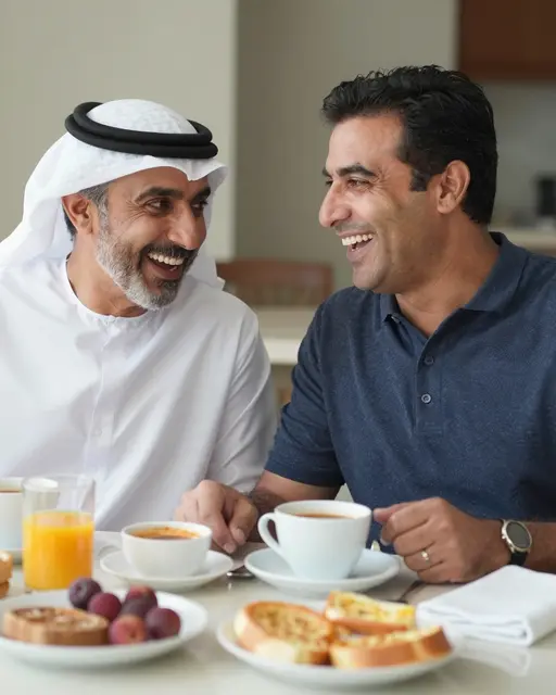 Two smiling Middle Eastern men share a sunny breakfast table together indoors
