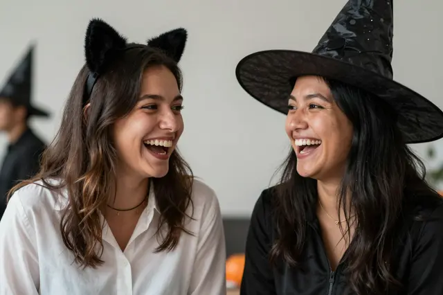 Two adult women wearing cat ears and a witch hat laugh together at an indoor Halloween gathering
