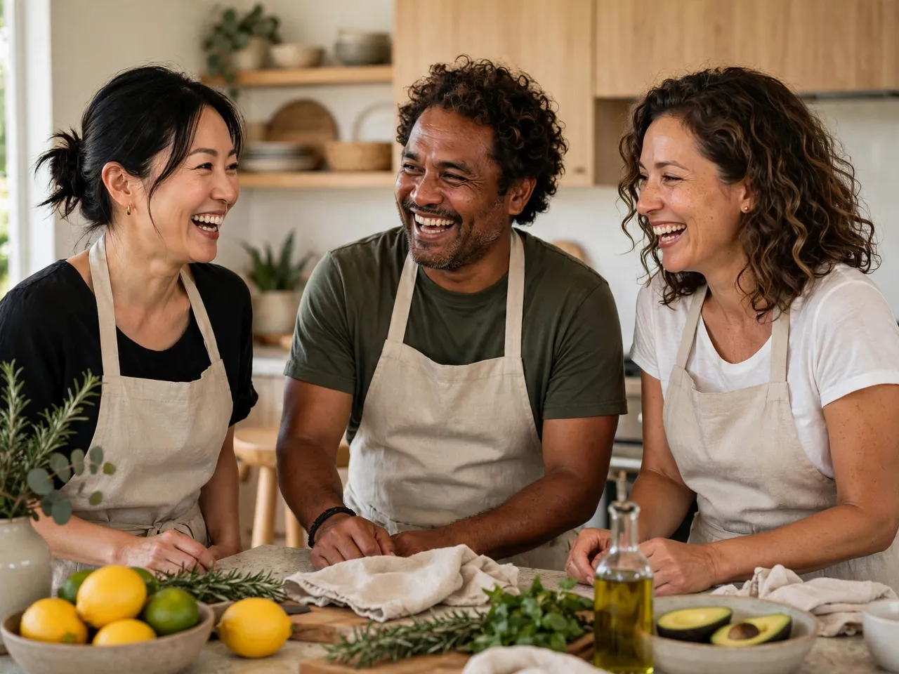 Three diverse adult friends in linen aprons laugh together around a bright kitchen island with fresh cooking ingredients.