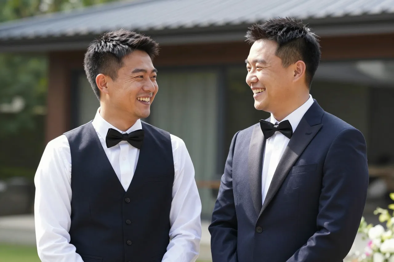 Two grooms in formal tuxedo attire smile and laugh while standing on a sunlit outdoor patio