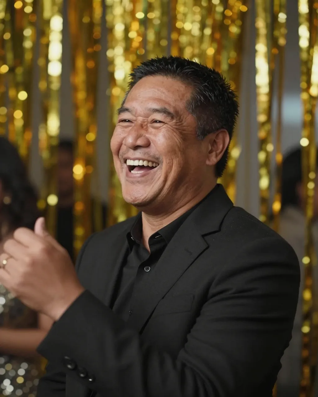 Middle aged man in a black blazer laughs beneath gold tinsel streamers with warm bokeh party lighting in the background.