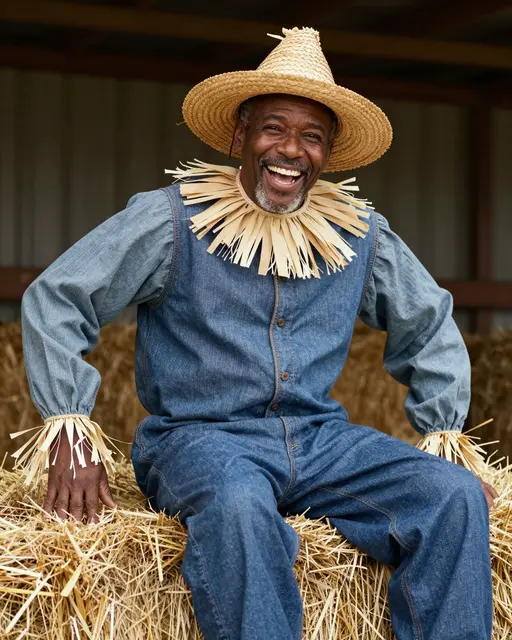 A smiling older Black man in a scarecrow costume sits on a hay bale inside a barn