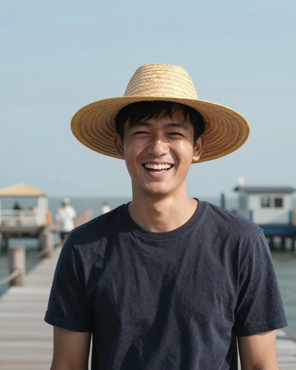 A smiling Southeast Asian man in a straw hat stands on a wooden pier under bright clear skies