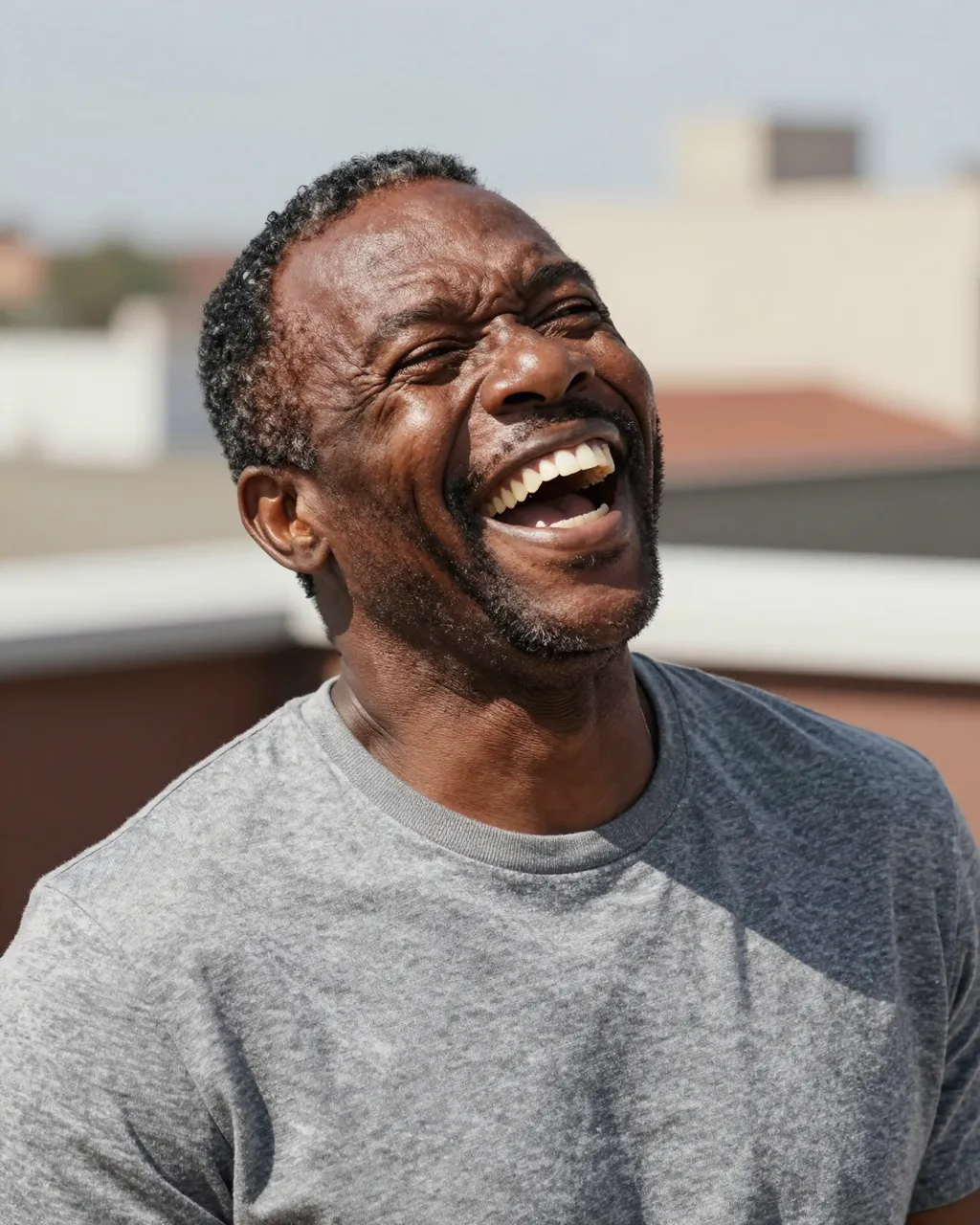 A Black man in his fifties laughs heartily outdoors on a bright sunny rooftop terrace