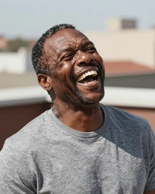 A Black man in his fifties laughs heartily outdoors on a bright sunny rooftop terrace