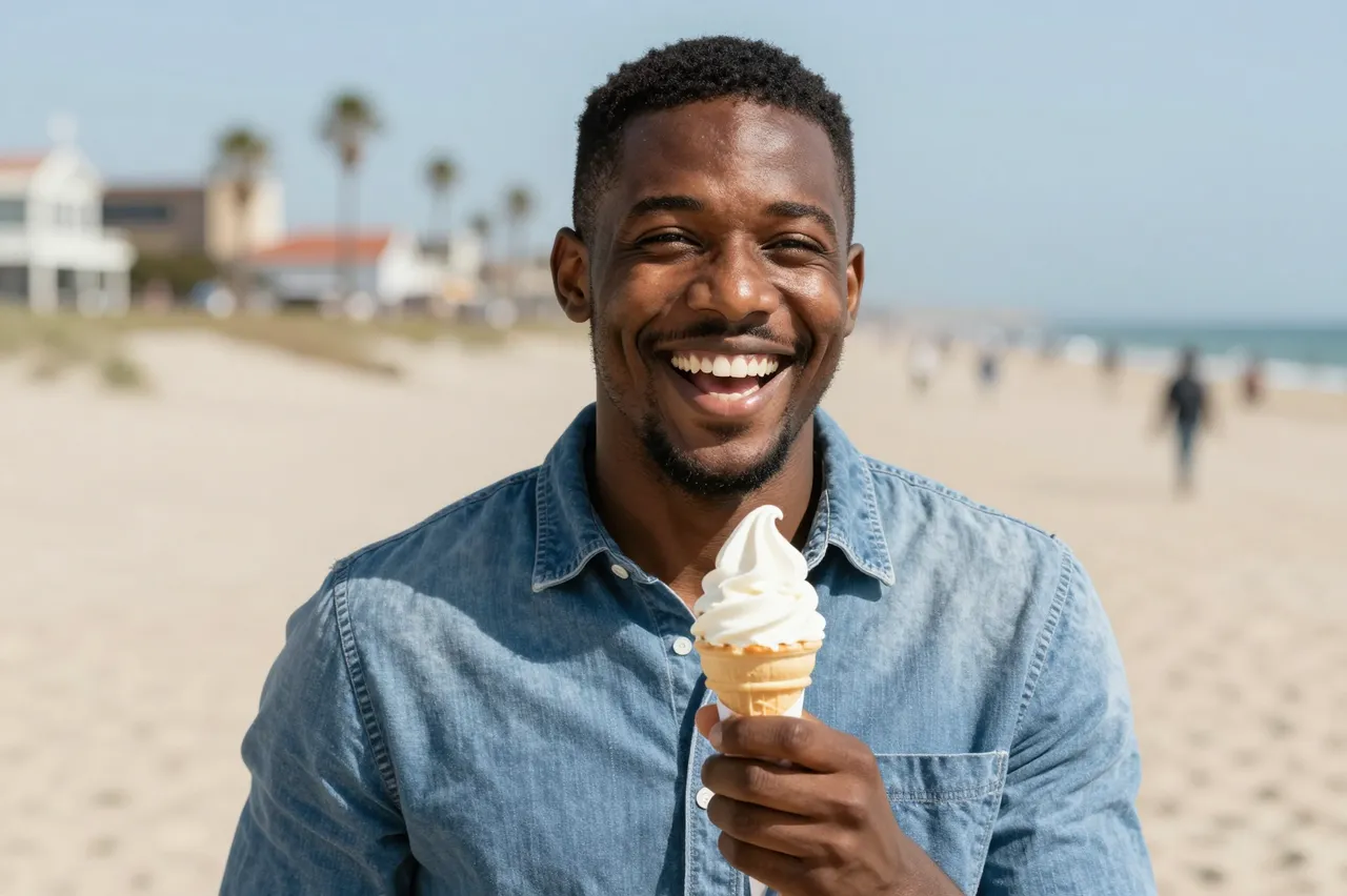Smiling Black man in his thirties holds a soft serve cone on a sunny beach boardwalk