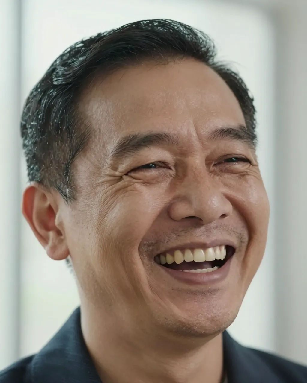 Close-up portrait of a Southeast Asian man in his fifties laughing warmly in soft window light