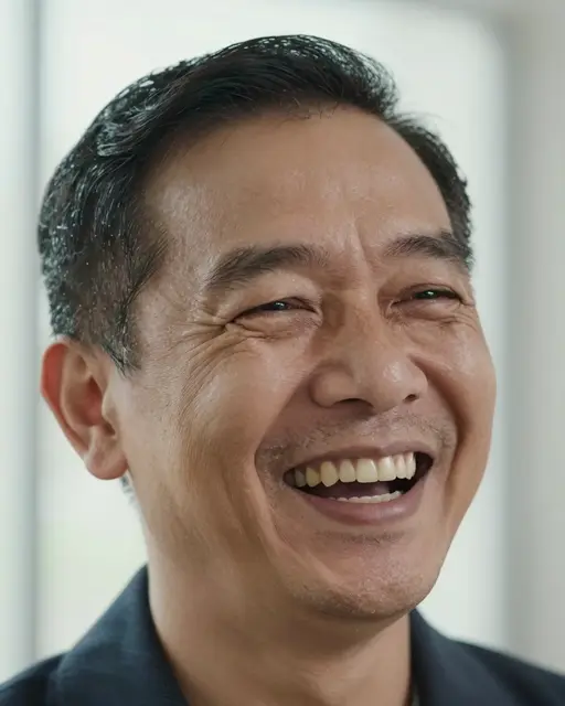 Close-up portrait of a Southeast Asian man in his fifties laughing warmly in soft window light