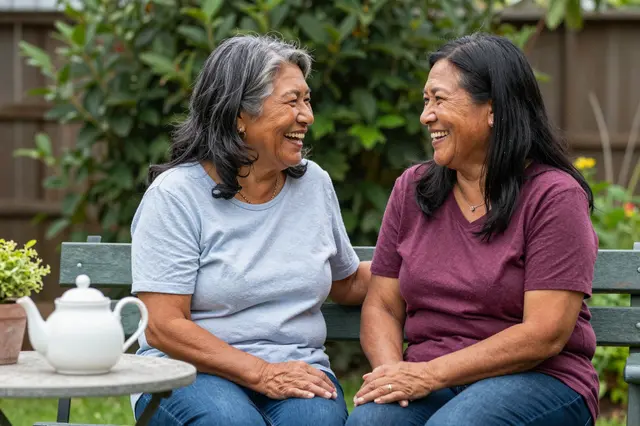 Two Indigenous women laugh together while sitting on a wooden garden bench beside a side table holding a white teapot.