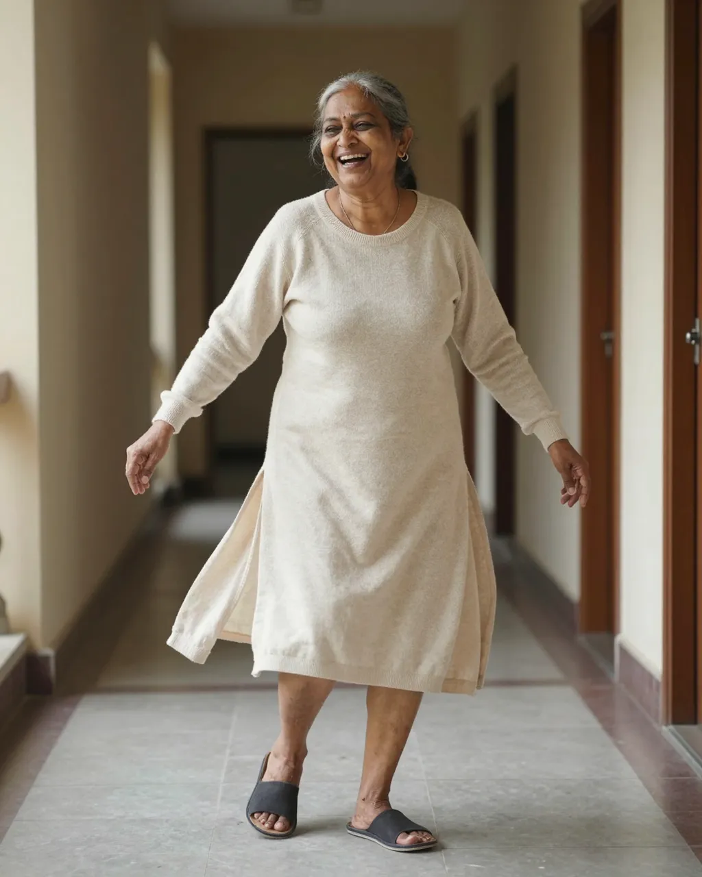 A smiling senior South Asian woman twirls joyfully in a warm indoor hallway while wearing a soft sweater dress and slippers.
