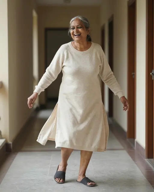 A smiling senior South Asian woman twirls joyfully in a warm indoor hallway while wearing a soft sweater dress and slippers.