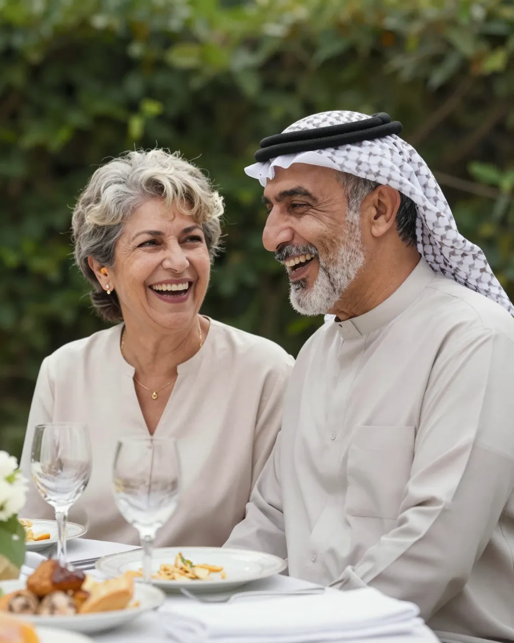 A senior Middle Eastern couple laughs together while seated at an outdoor garden dining table