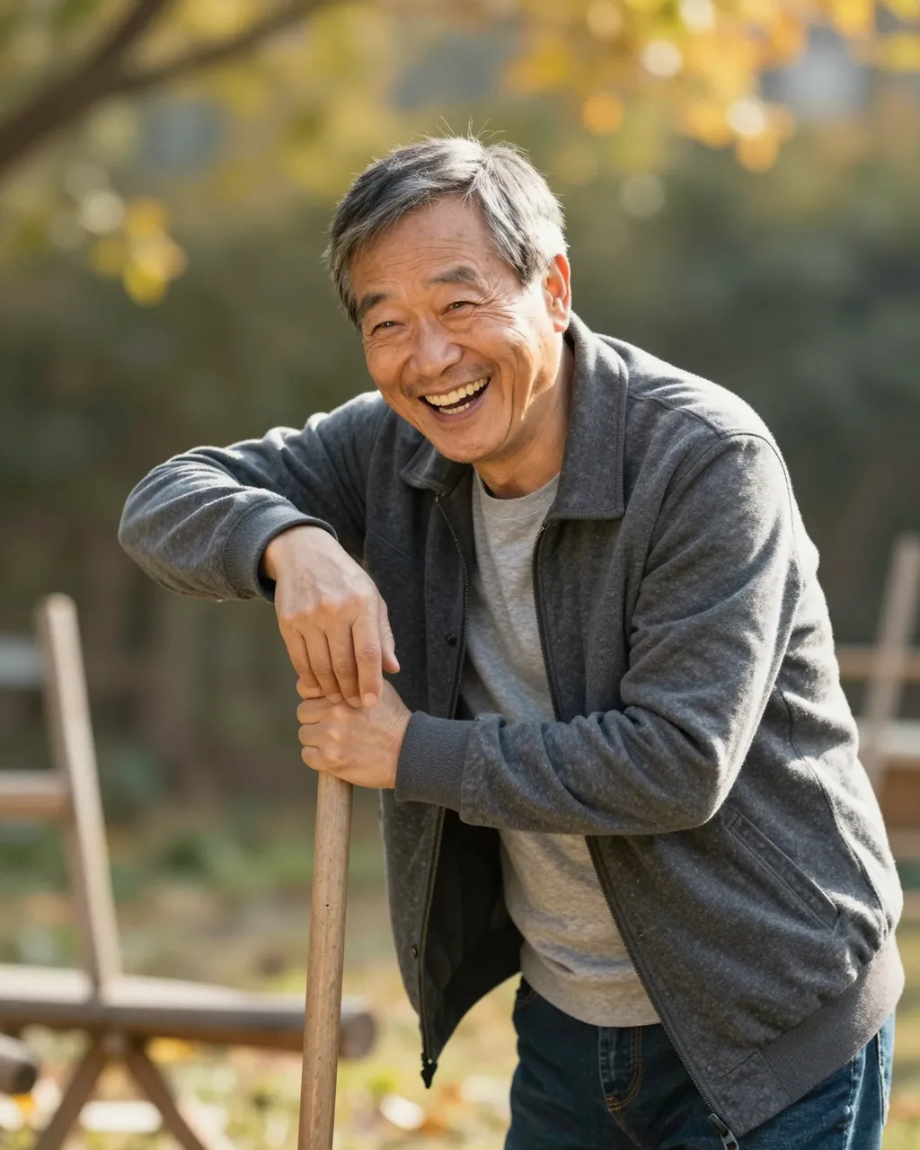 A cheerful East Asian man in his sixties laughs while leaning on a garden rake in a sunny fall yard