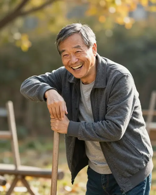 A cheerful East Asian man in his sixties laughs while leaning on a garden rake in a sunny fall yard