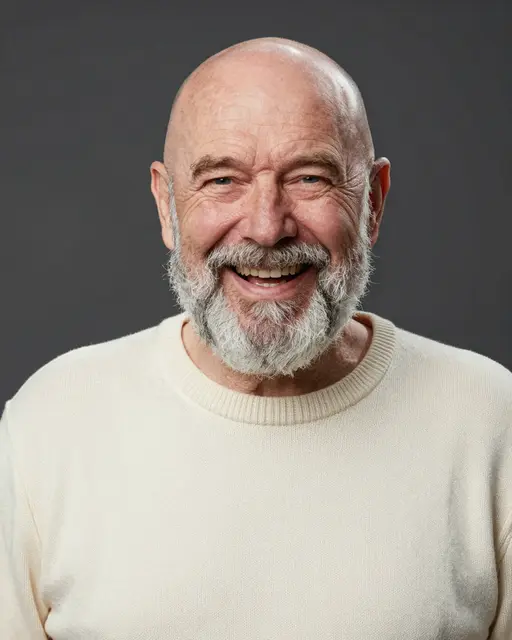 Bald senior man with a bushy gray beard laughs while wearing a cream knit sweater against a dark gray background