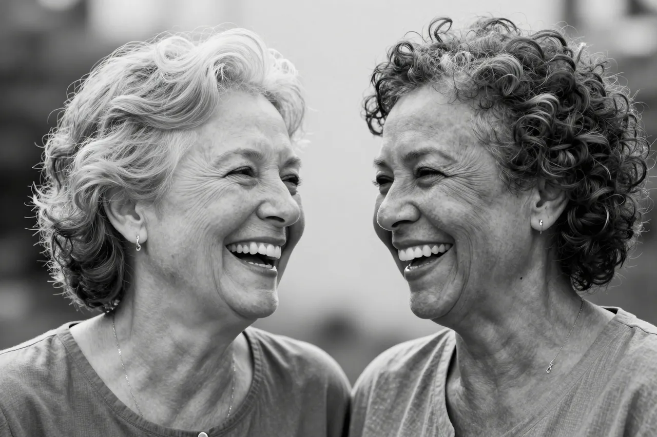Black and white close-up portrait of two older women laughing and looking at one another in soft daylight