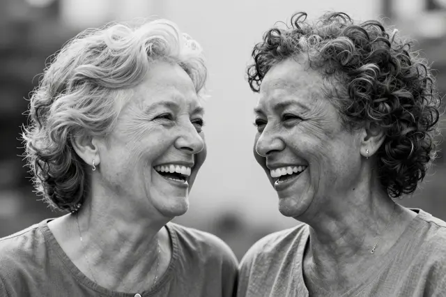 Black and white close-up portrait of two older women laughing and looking at one another in soft daylight