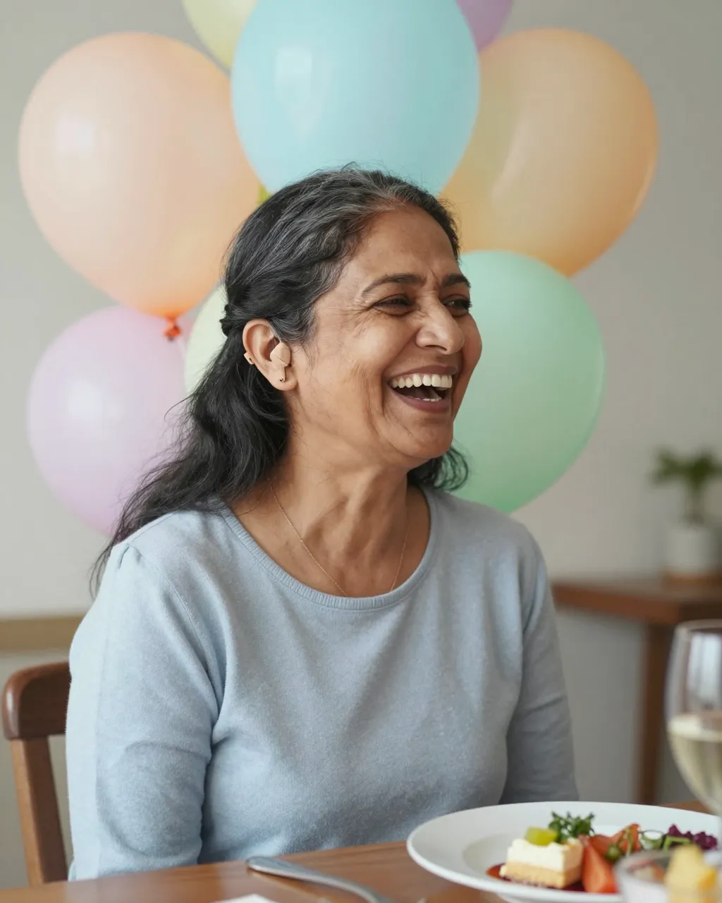 A joyful senior South Asian woman with a hearing aid laughs at her birthday brunch surrounded by pastel balloons.