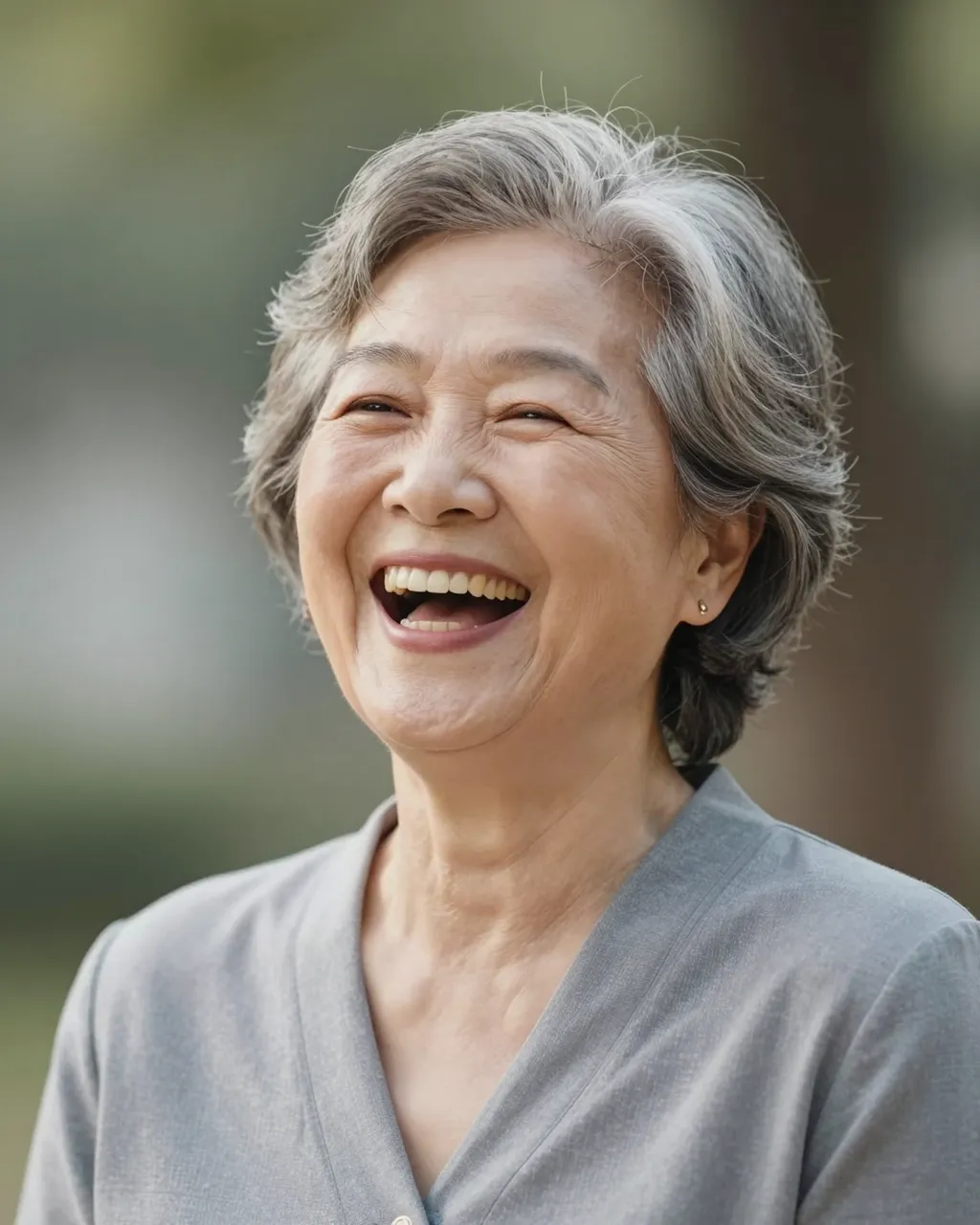 A cheerful senior woman with gray hair laughs warmly in soft outdoor light
