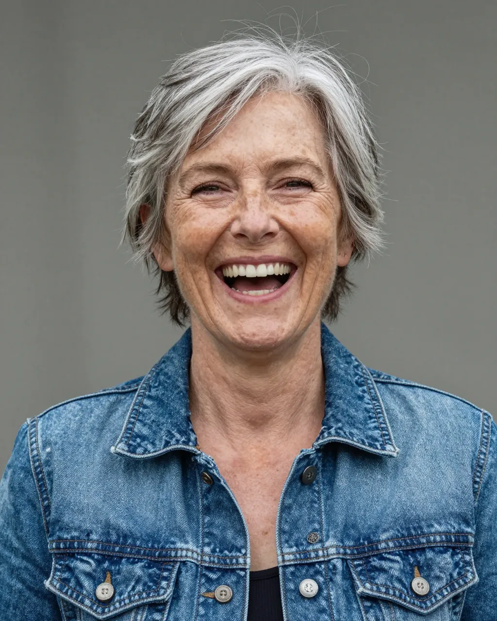 A close-up portrait of a laughing senior woman with cropped gray hair wearing a denim jacket